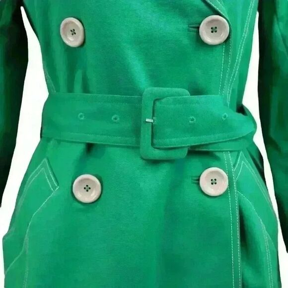 LK Bennett Bright Green Double Breasted Trench Coat Lined w/Navy Dots Size 4 - Picture 3 of 8
